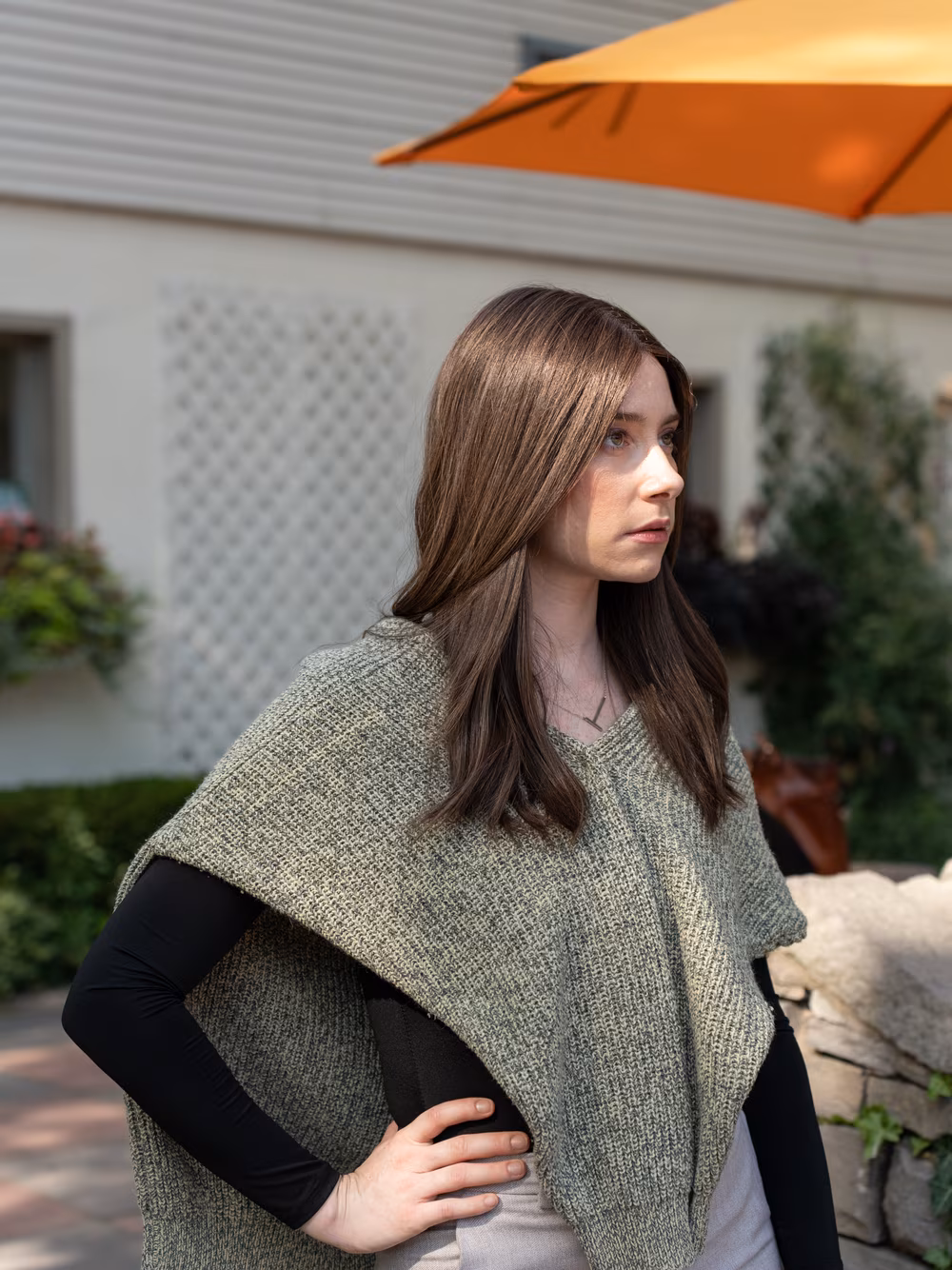 Esther kosher sheitel in Roasted Almond, profile view showing the length