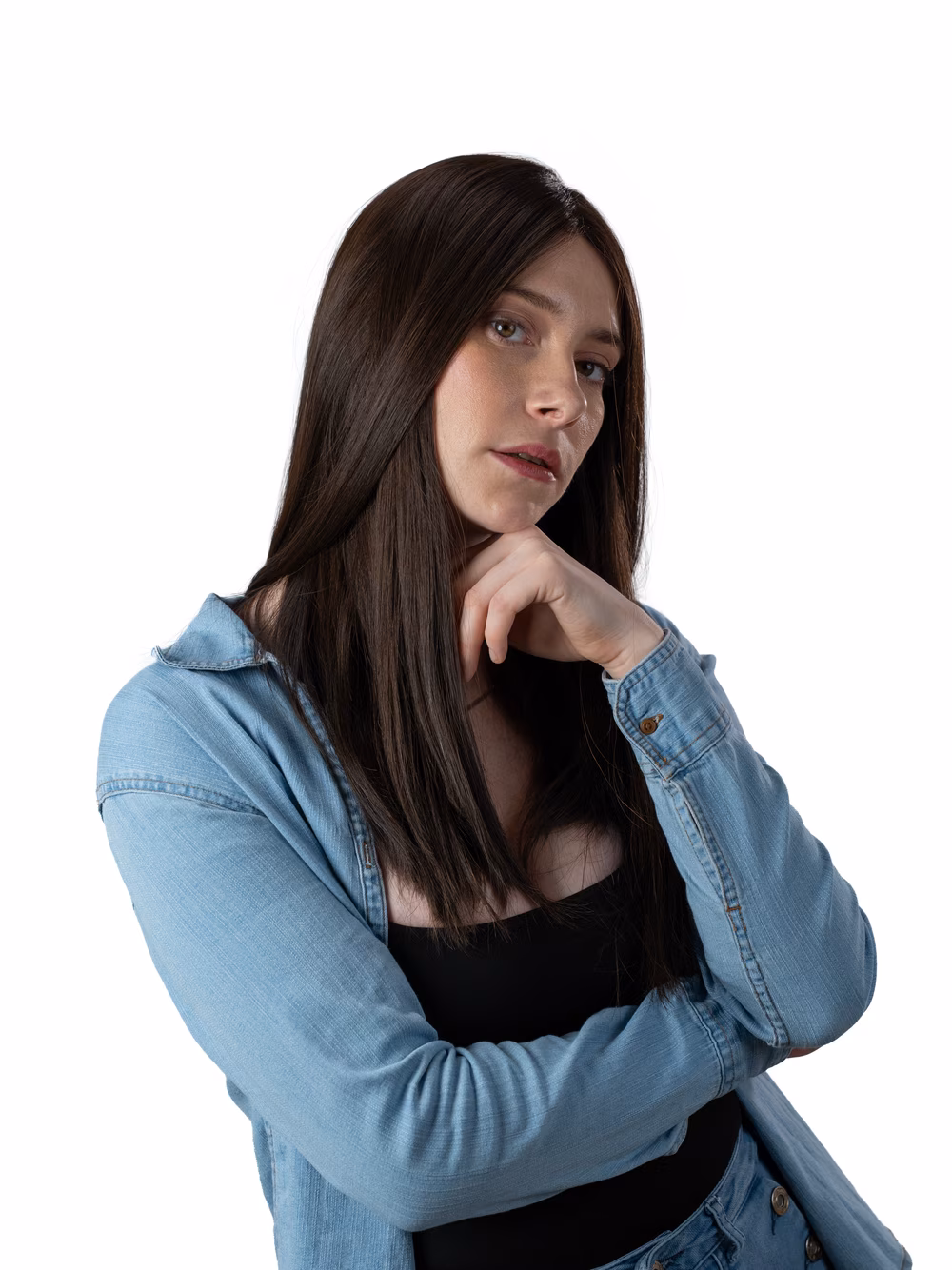Sarah kosher sheitel in Dark Walnut worn with a denim shirt