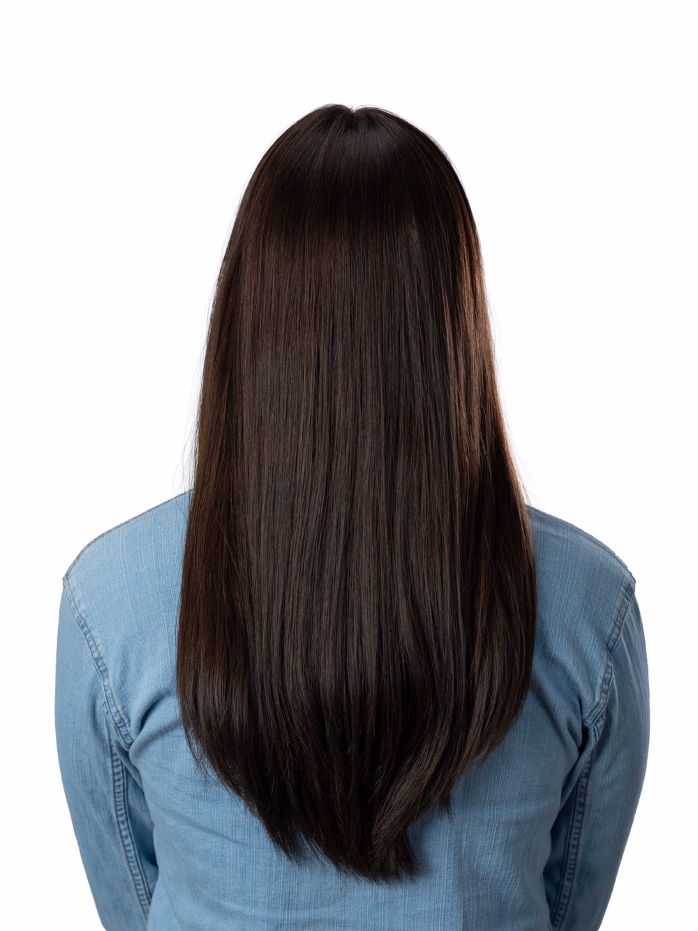 Sarah kosher sheitel in Dark Walnut, back view showing the full length