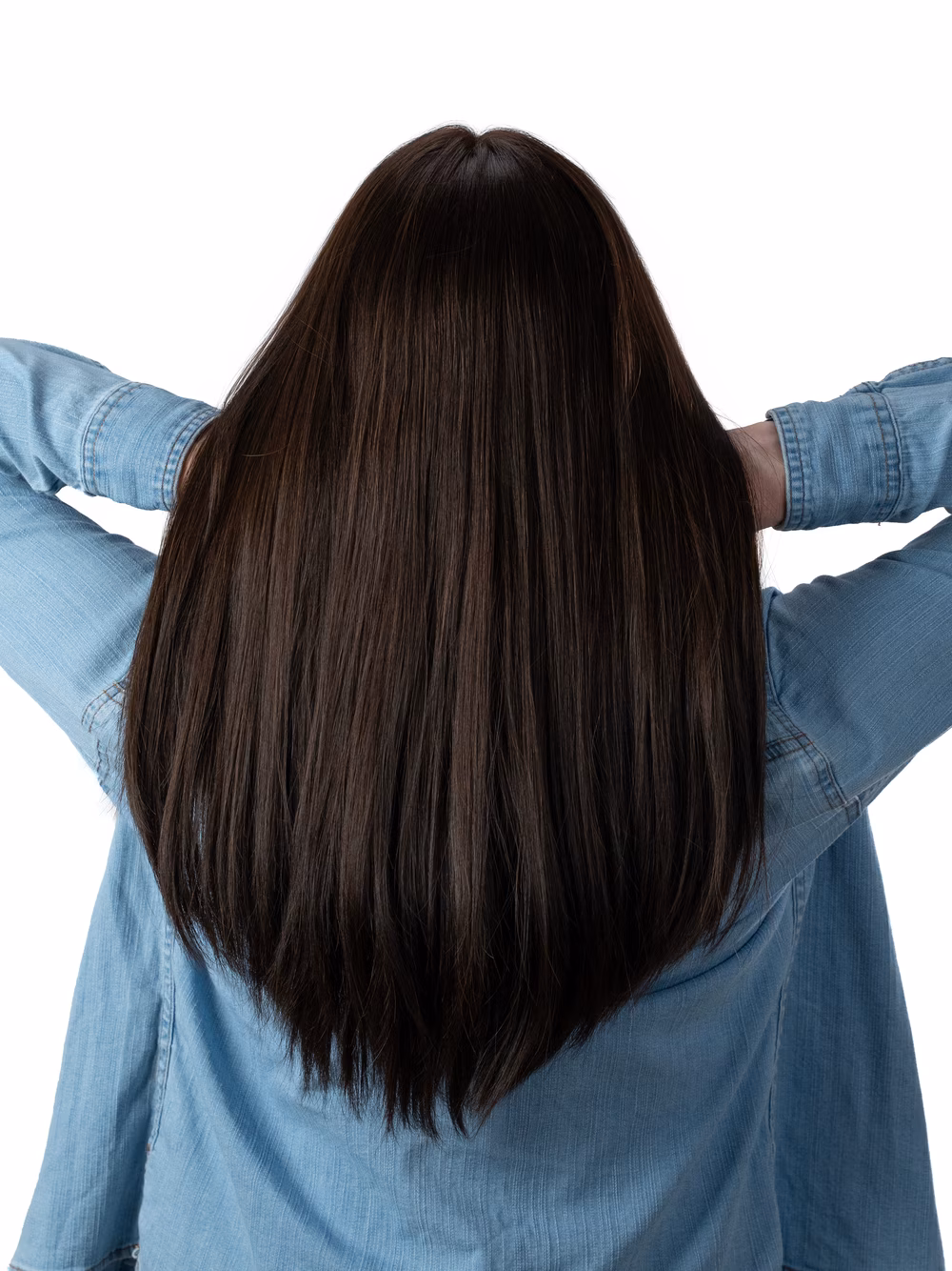 Sarah kosher sheitel in Dark Walnut, back view with the hair lifted